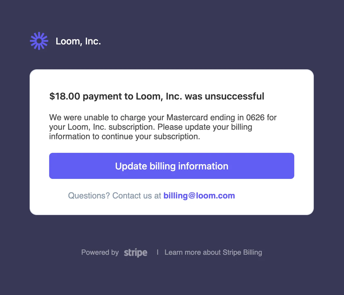 Dunning email example from Loom