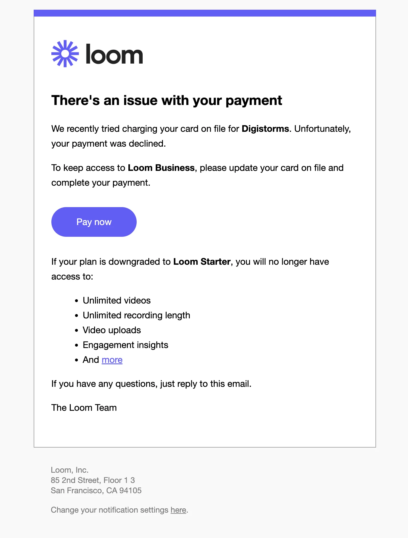 Dunning email example from Loom