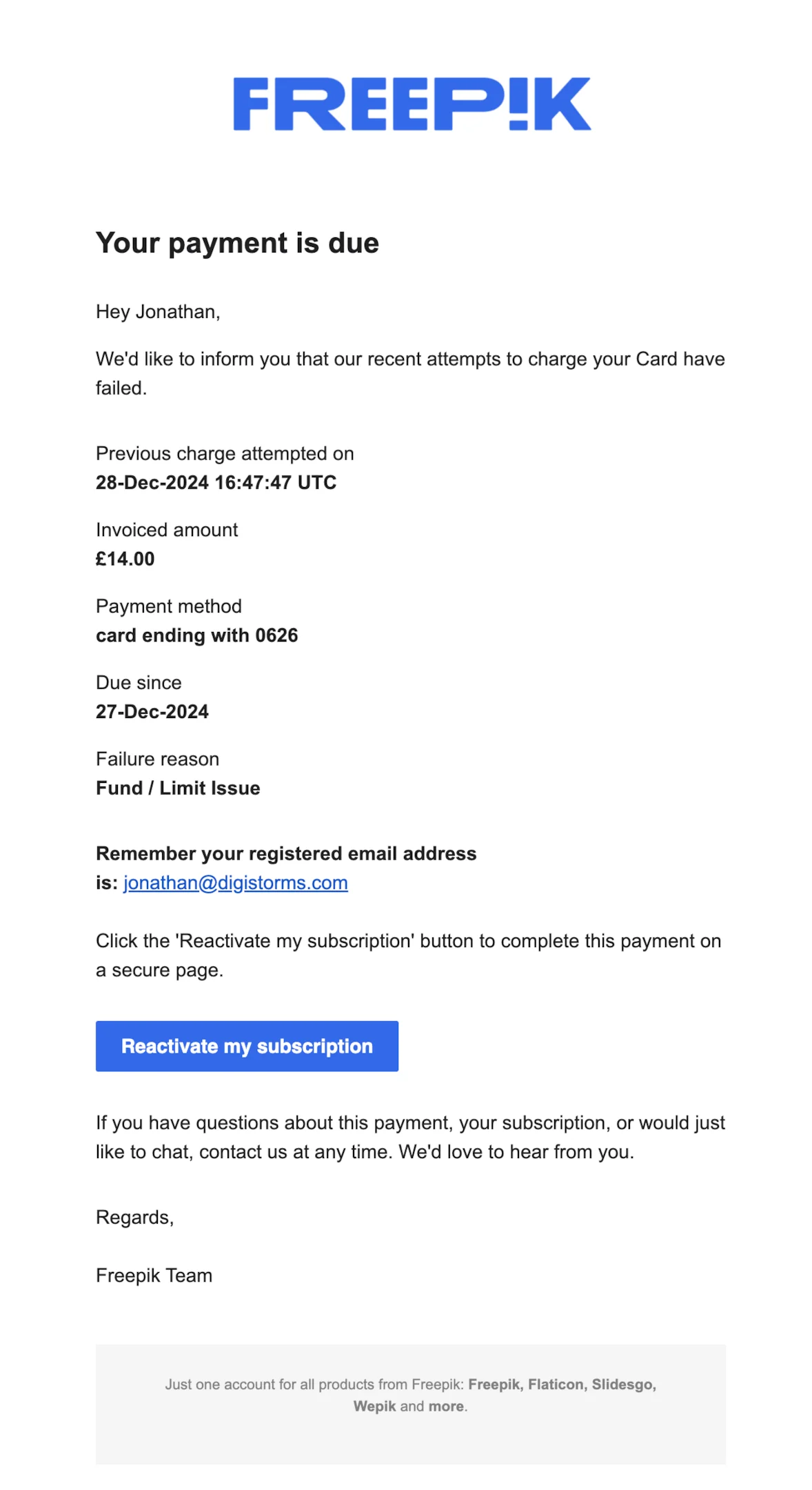 Dunning email example from Freepik