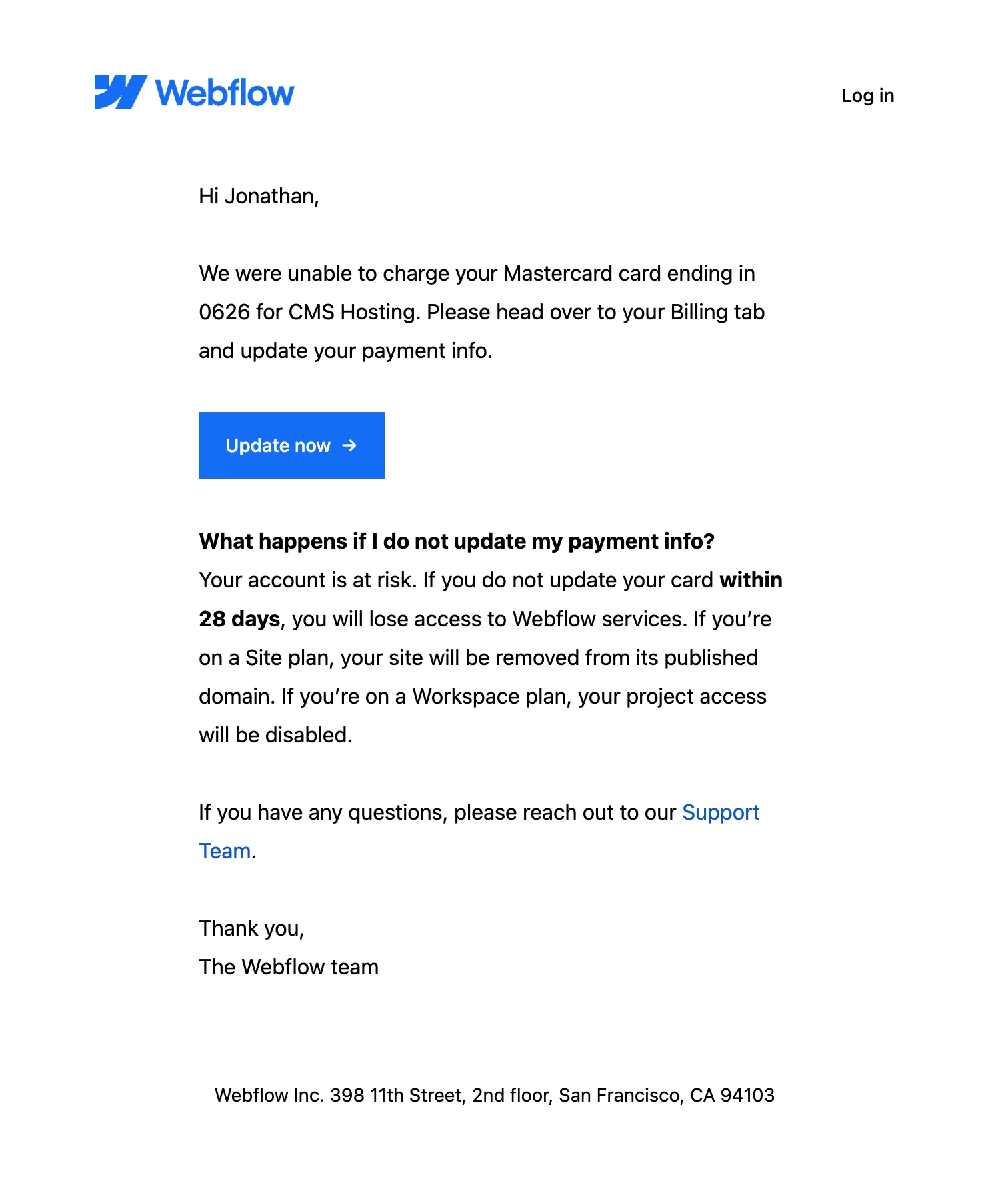 Dunning email example from Webflow