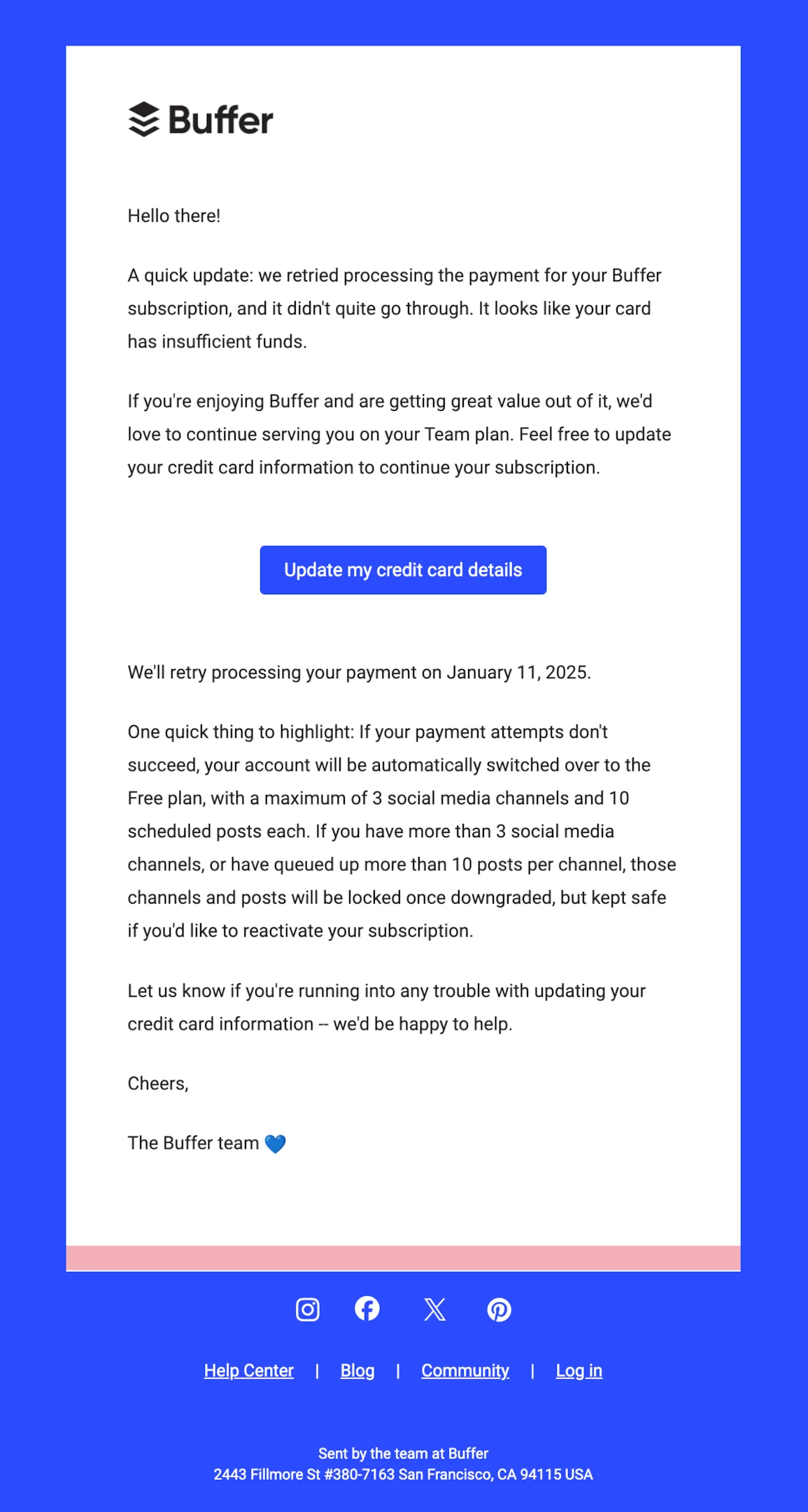 Dunning email example from Buffer