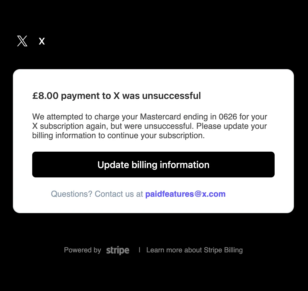 Dunning email example from X