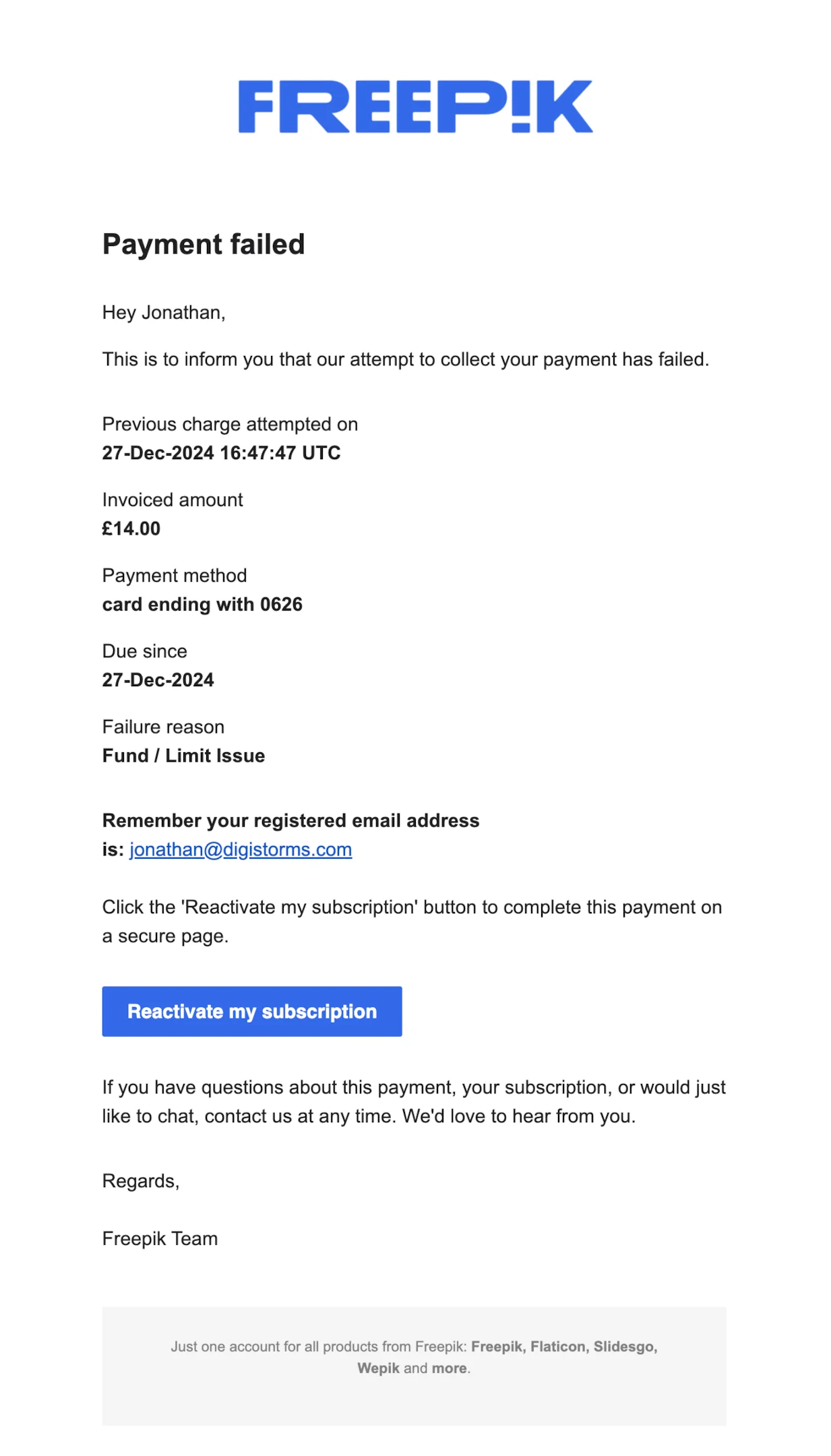Dunning email example from Freepik