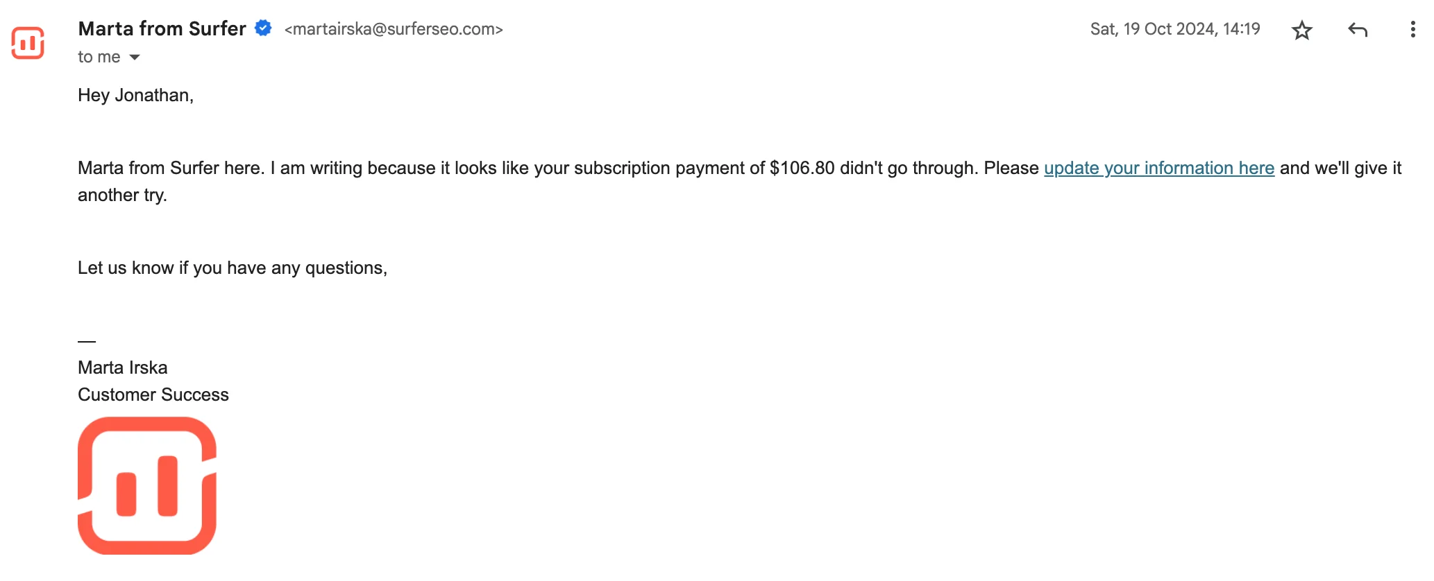 Dunning email example from Surfer SEO