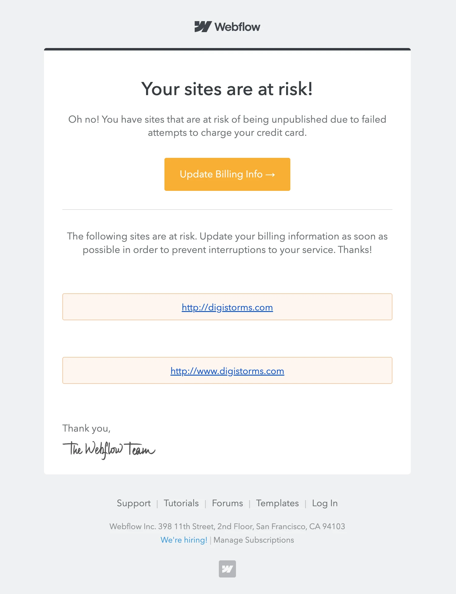 Dunning email example from Webflow