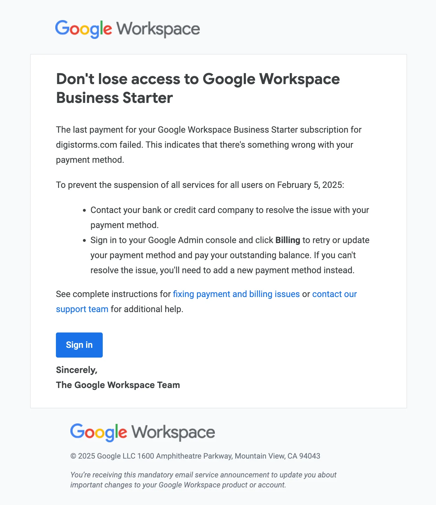 Dunning email example from Google Workspace