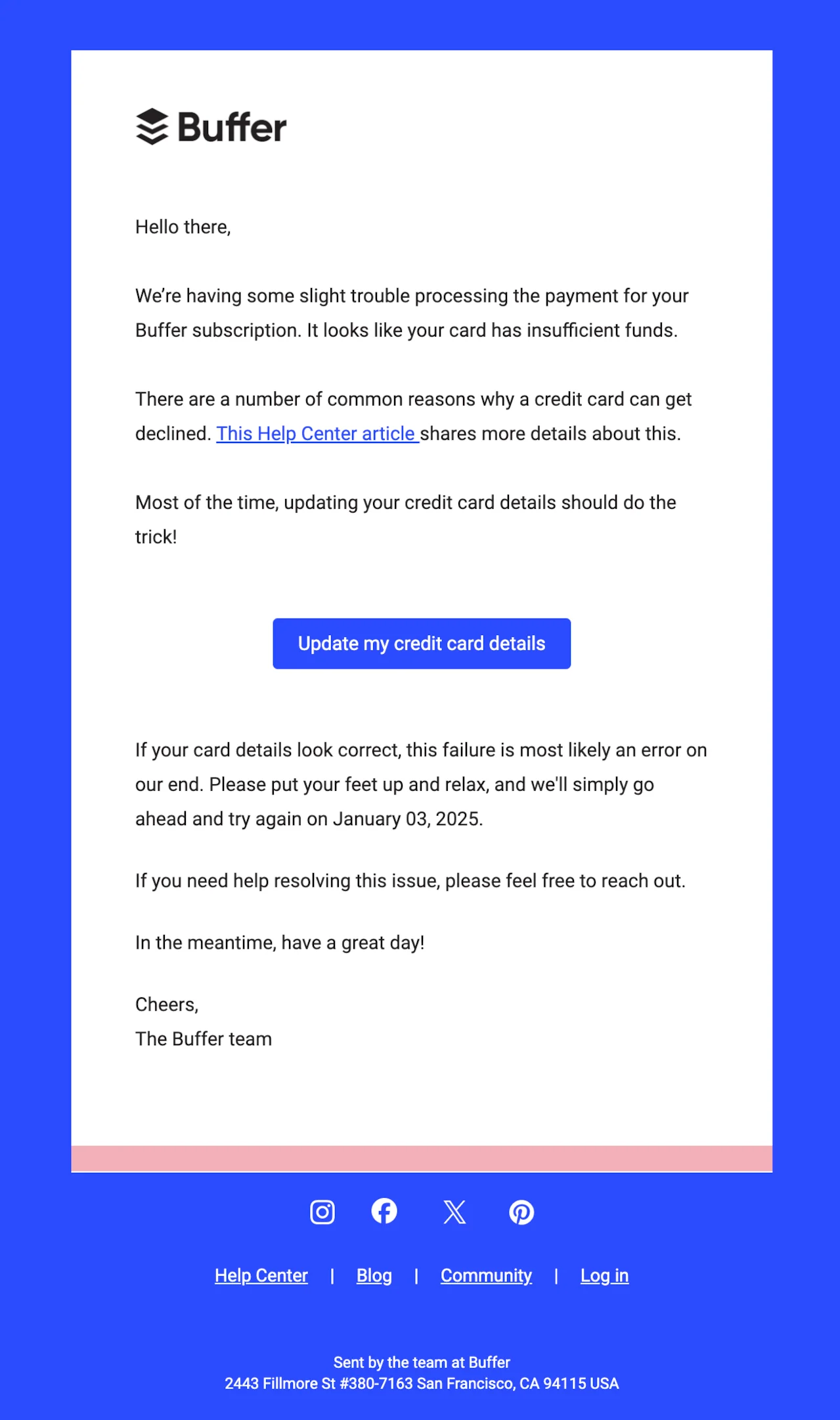 Dunning email example from Buffer