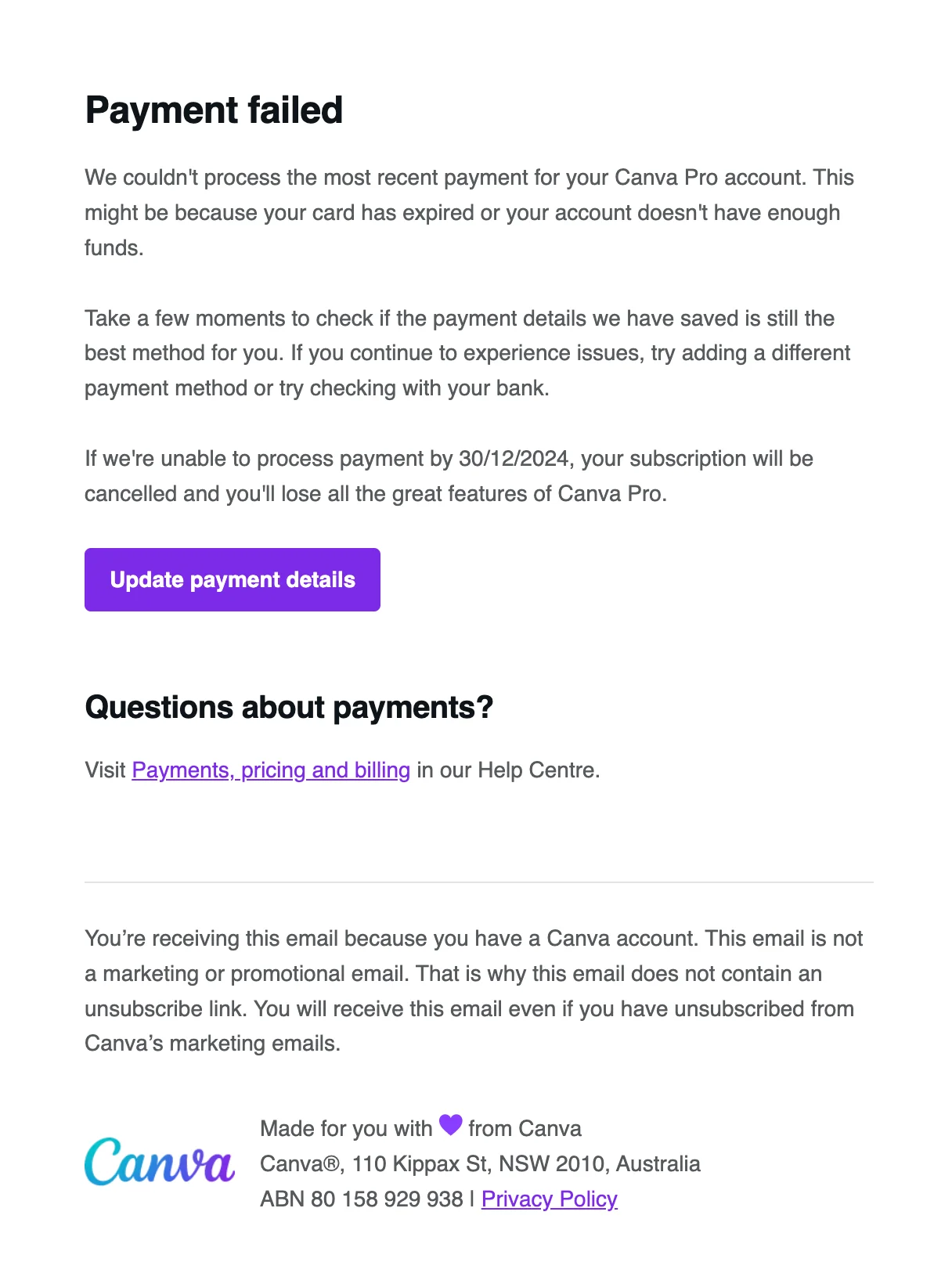 Dunning email example from Canva