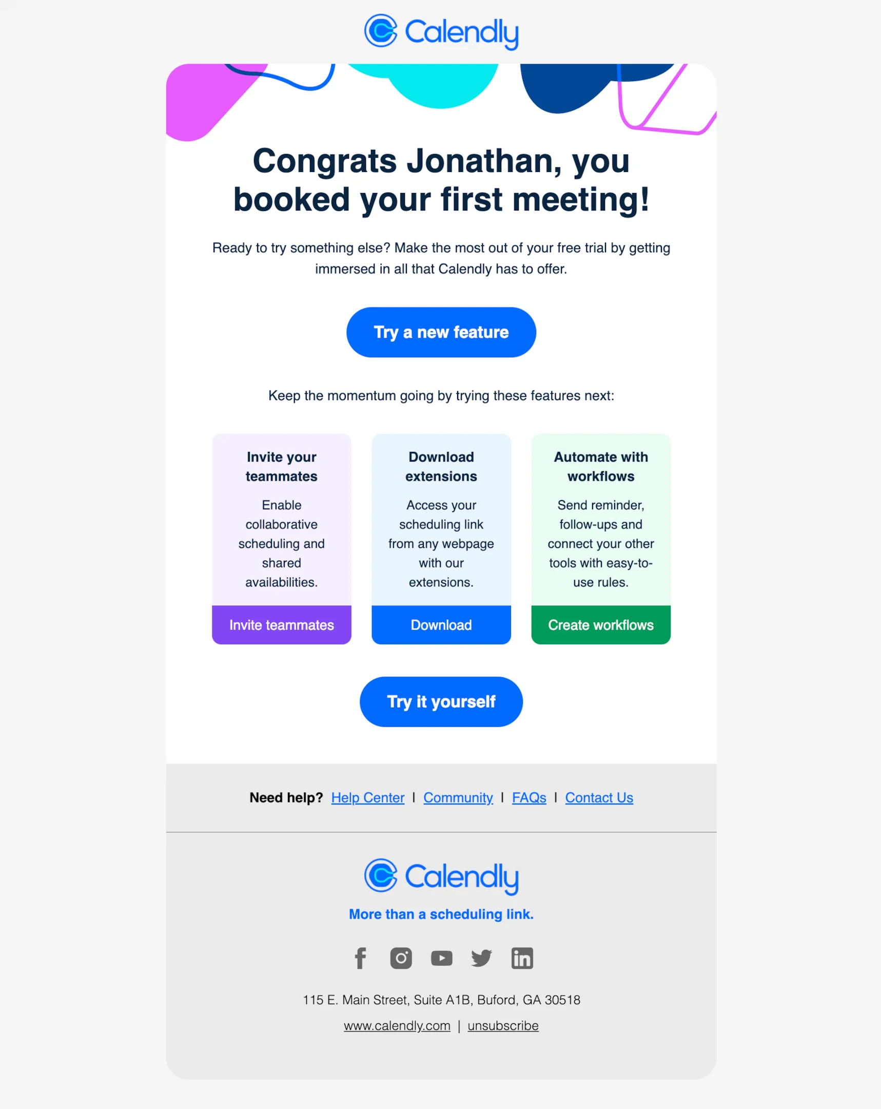 Milestone email example from Calendly