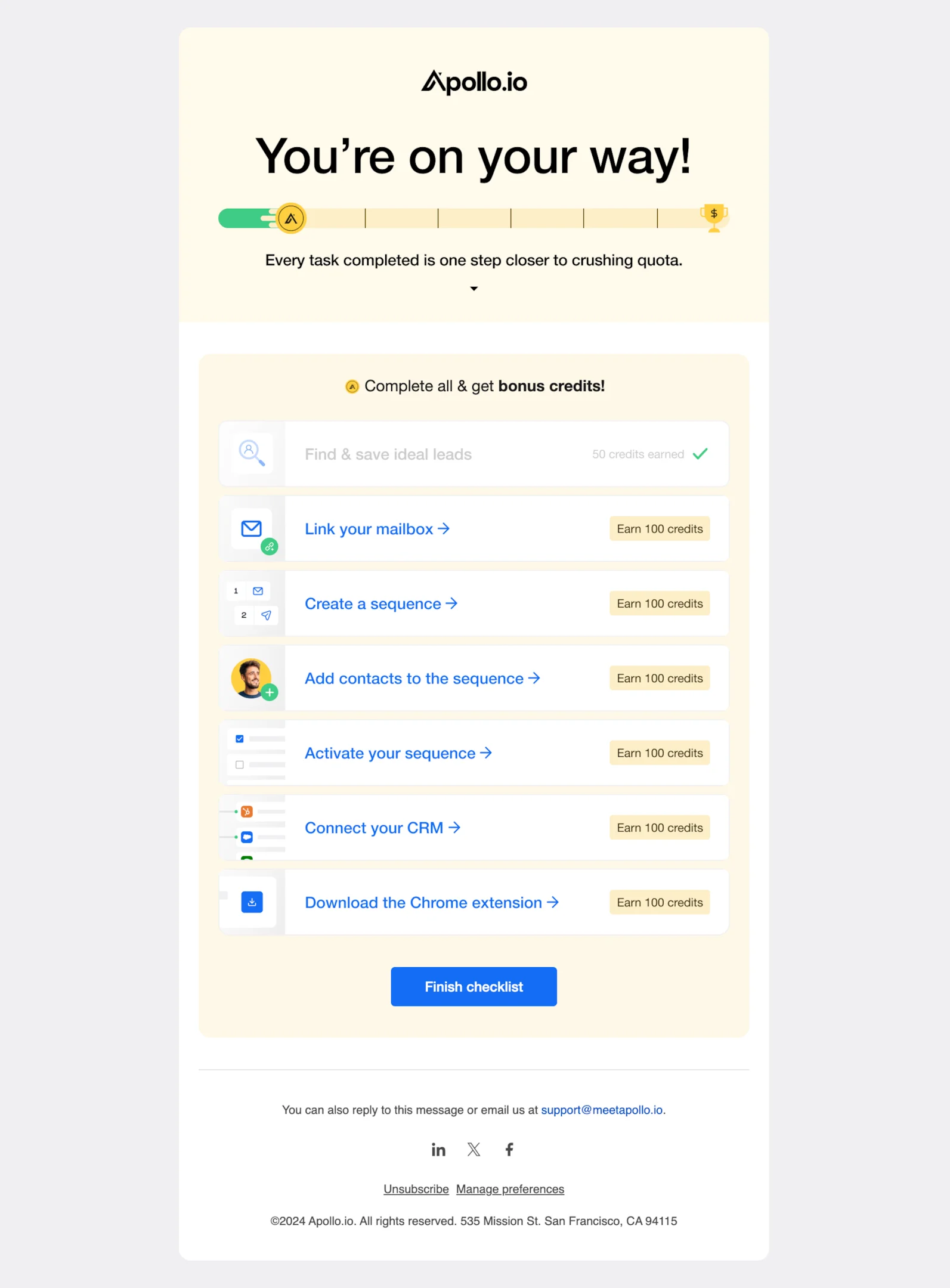 Milestone email example from Apollo