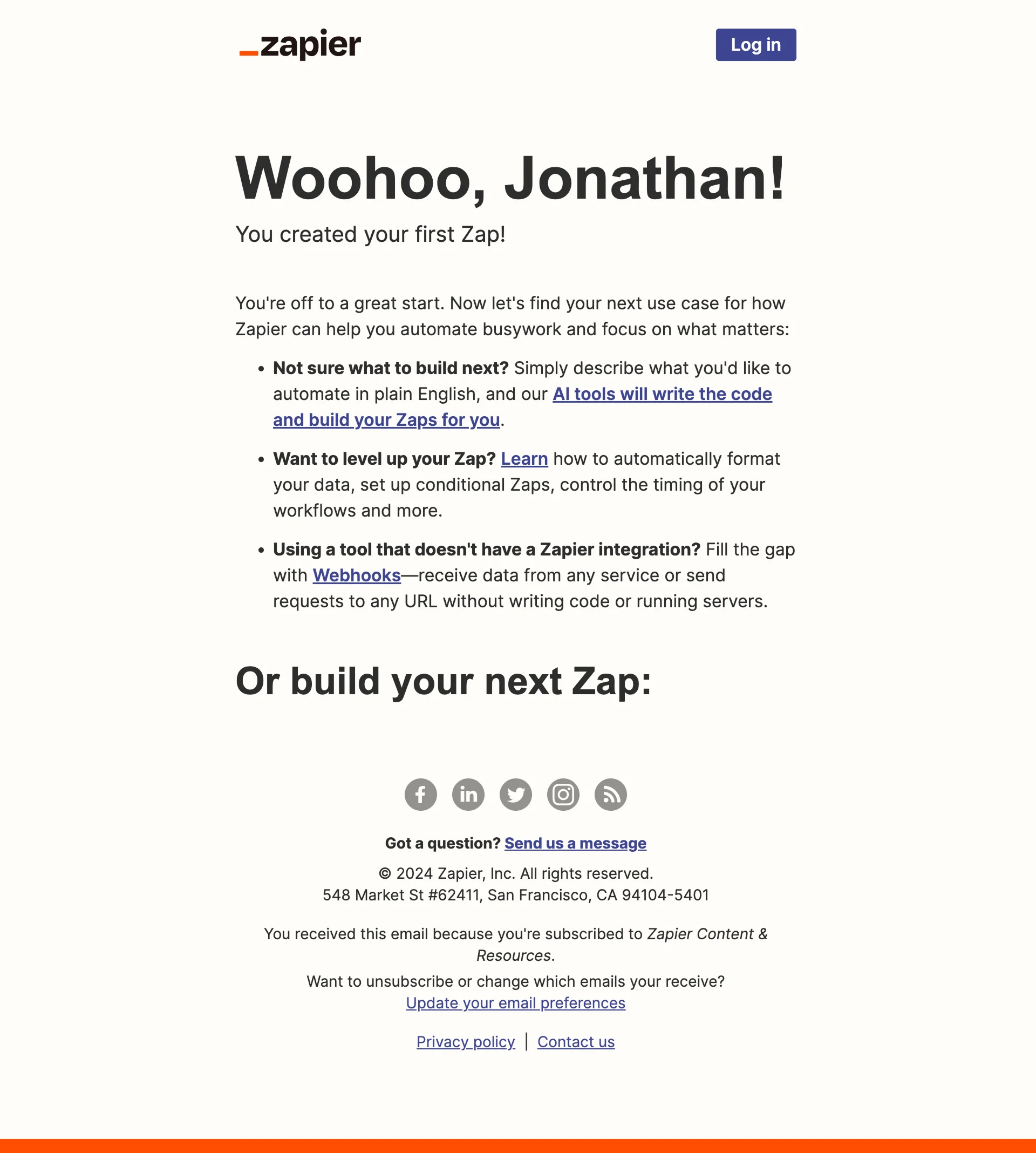 Milestone email example from Zapier