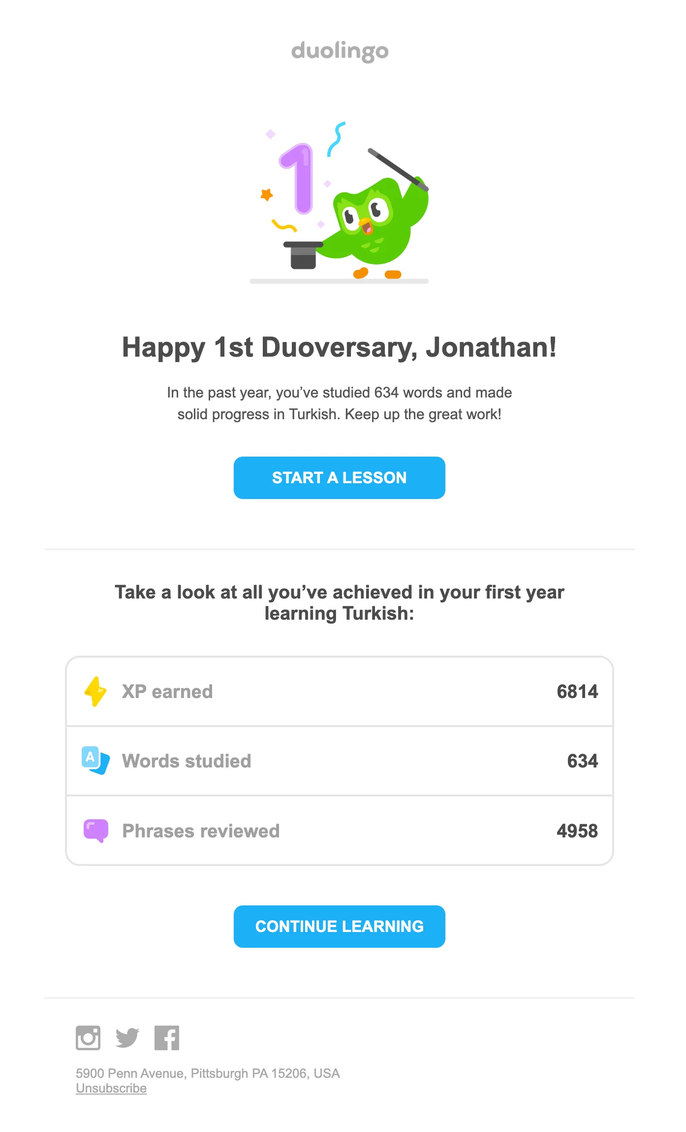 Milestone email example from Duolingo