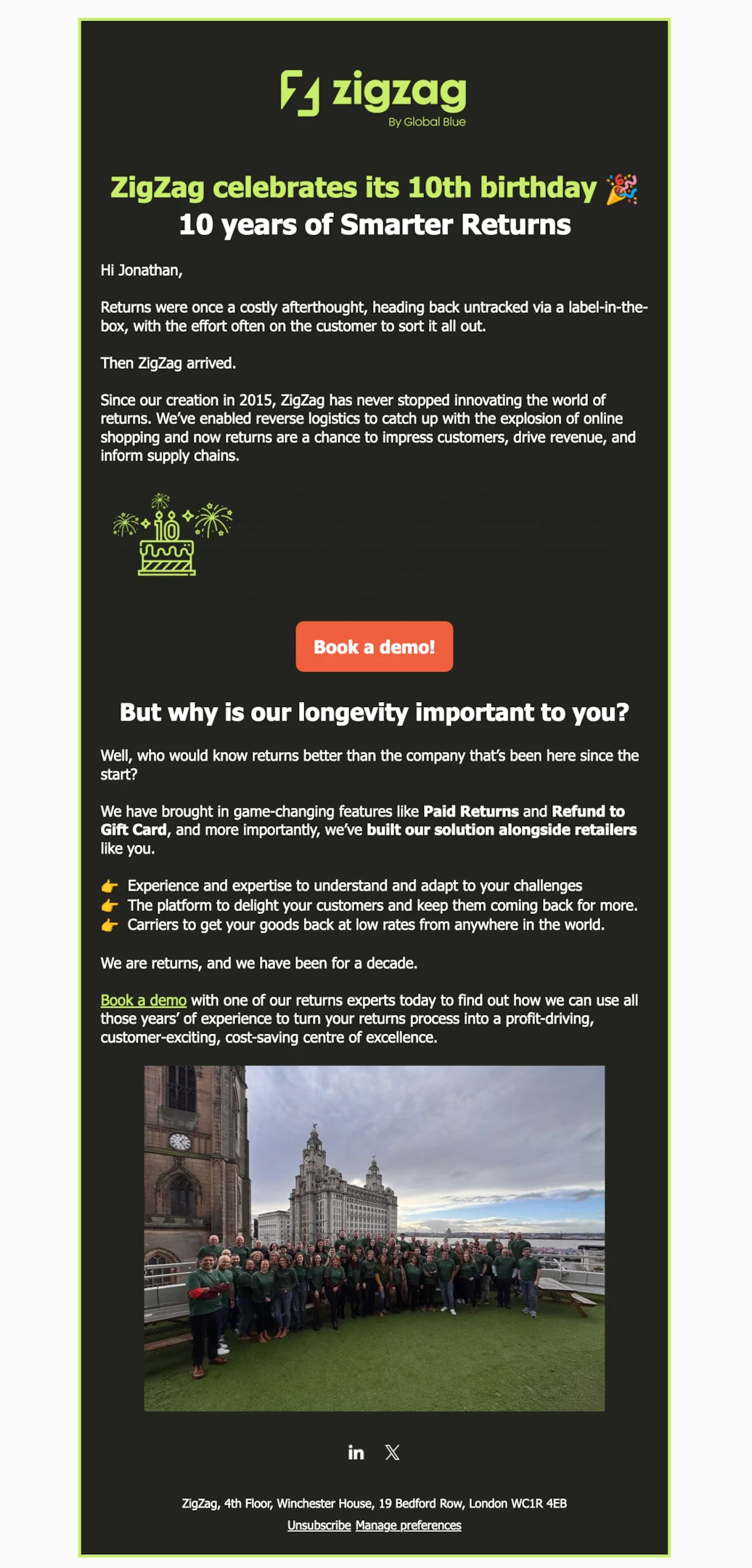 Milestone email example from ZigZag