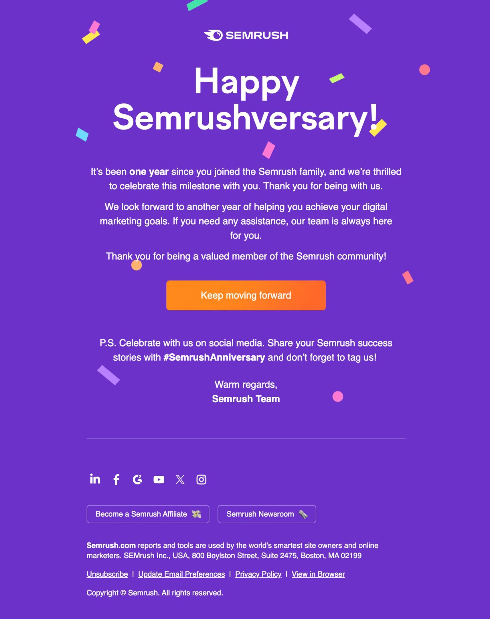 Milestone email example from Semrush