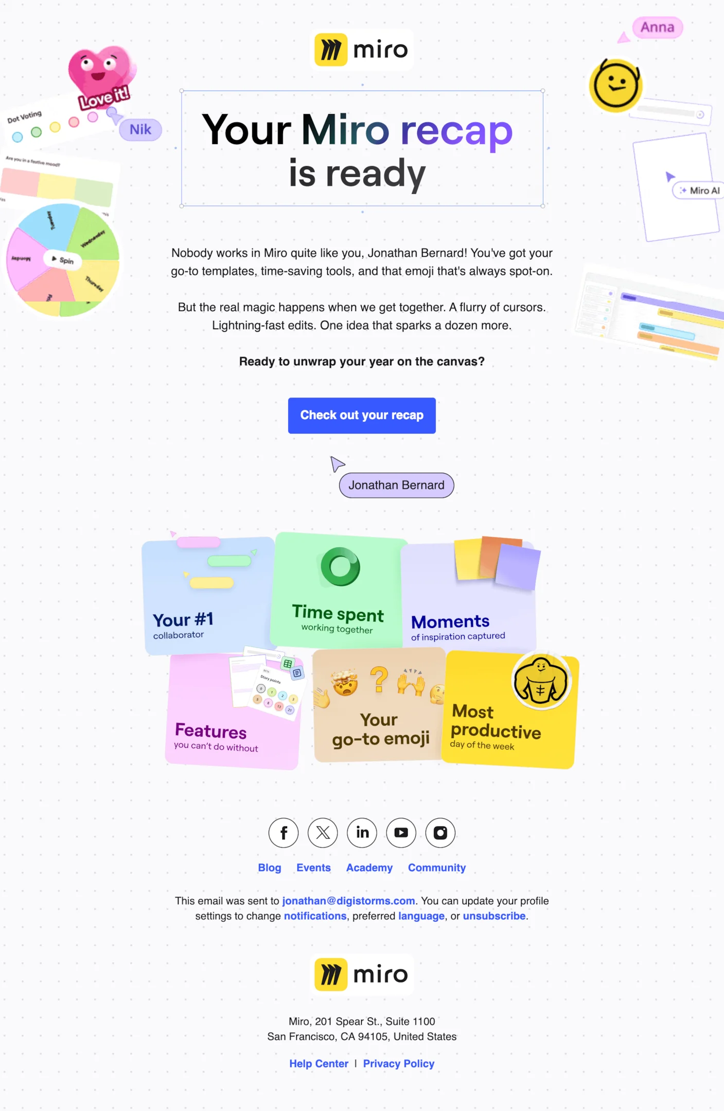 Milestone email example from Miro