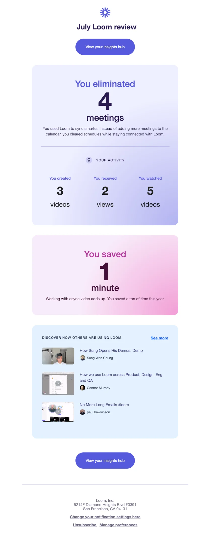 Milestone email example from Loom