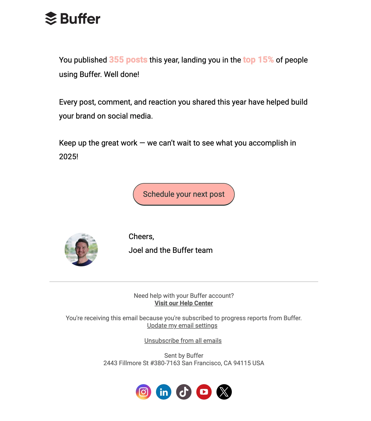 Milestone email example from Buffer