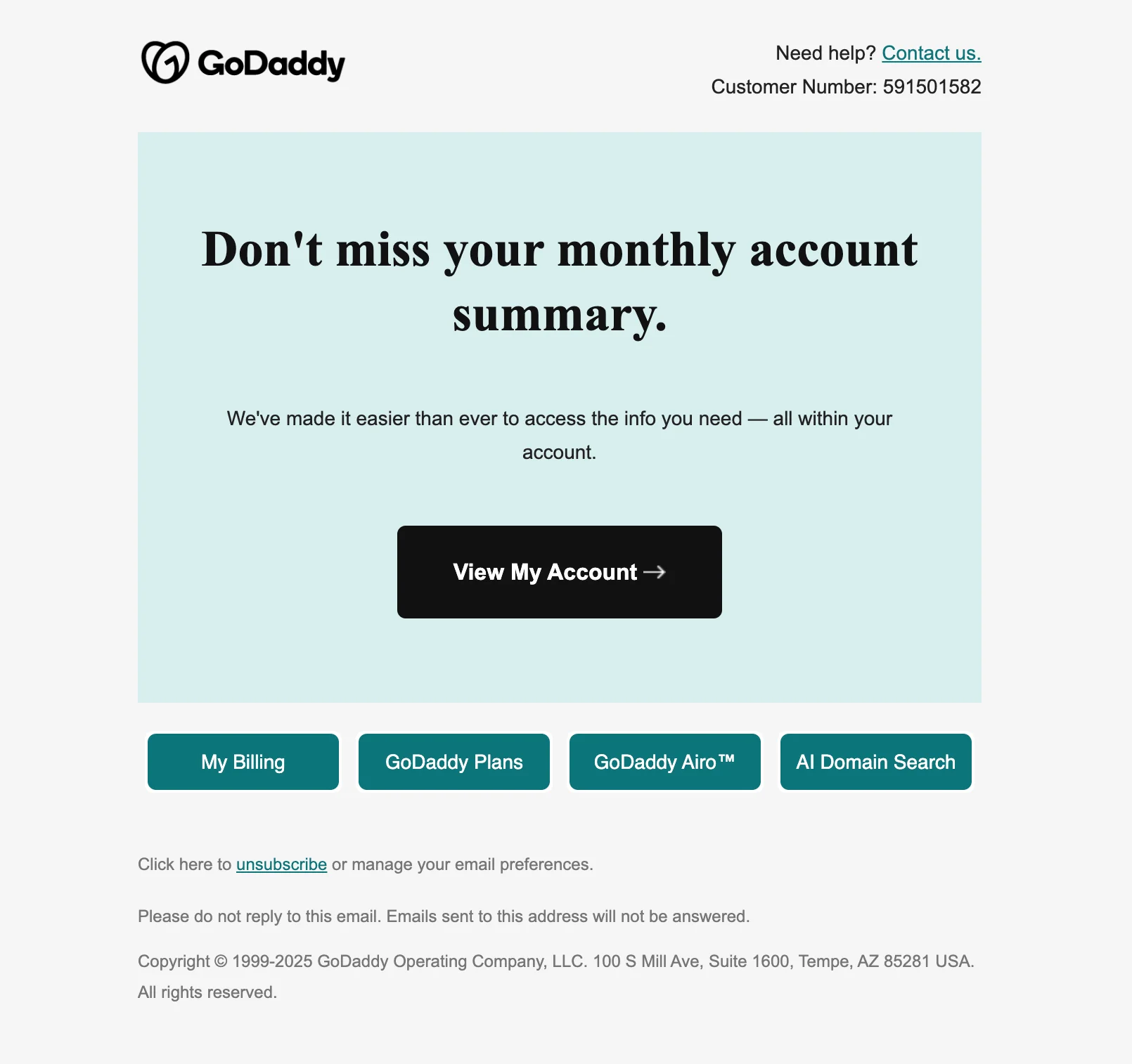 Milestone email example from GoDaddy