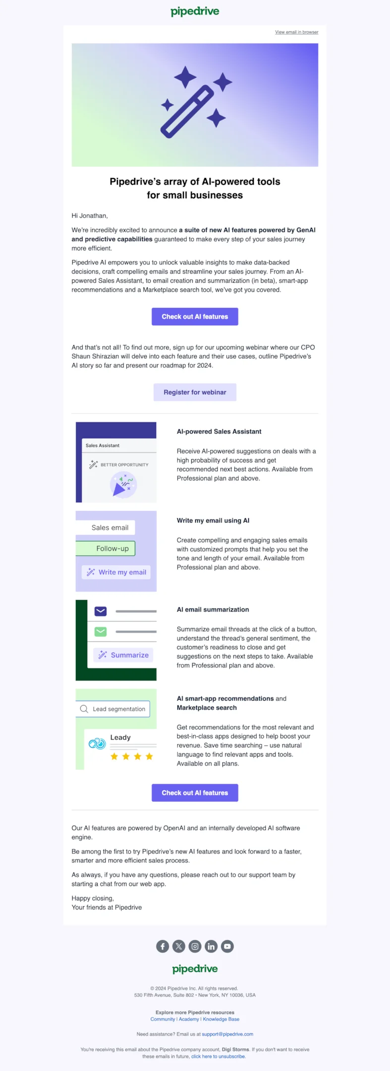Product launch email example from Pipedrive