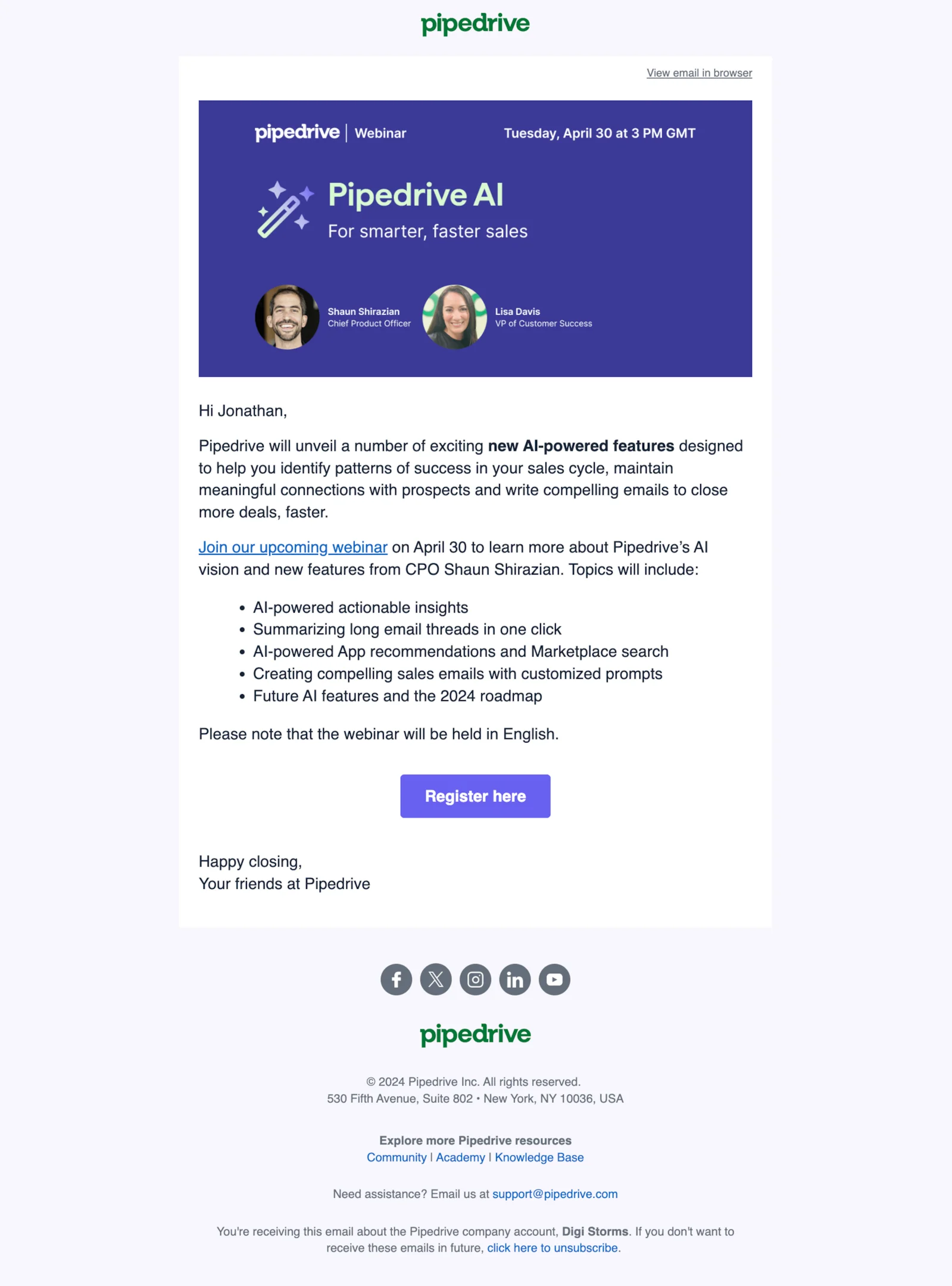 Product launch email example from Pipedrive