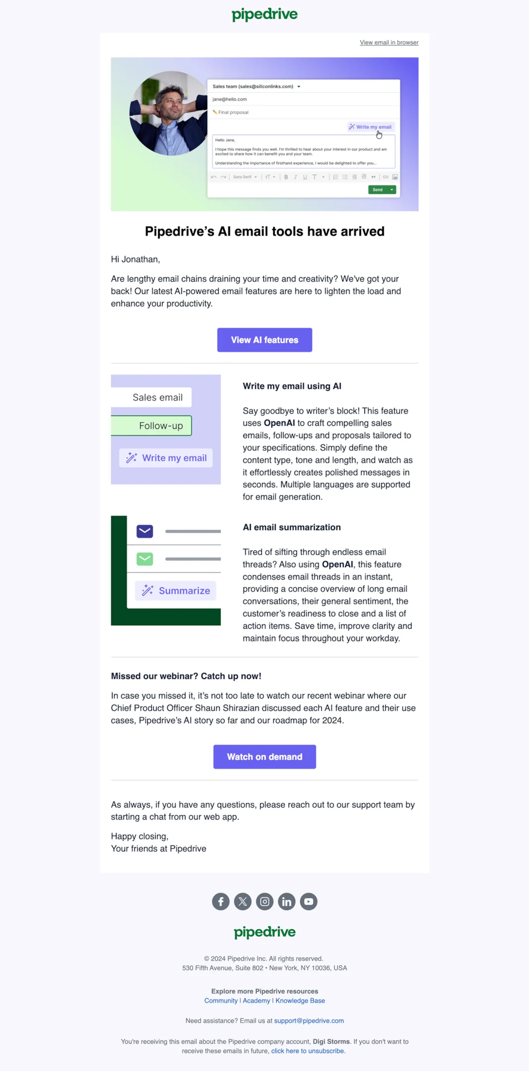 Product launch email example from Pipedrive