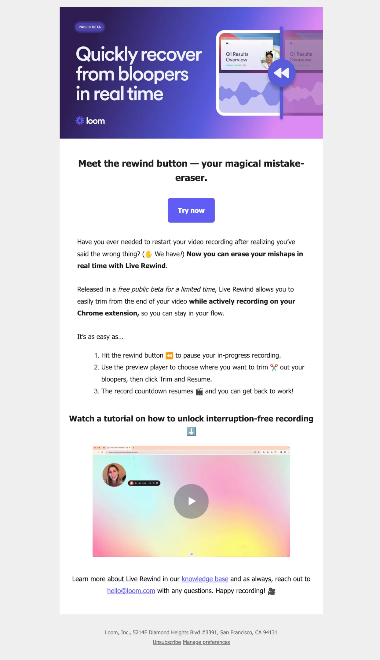 Product launch email example from Loom