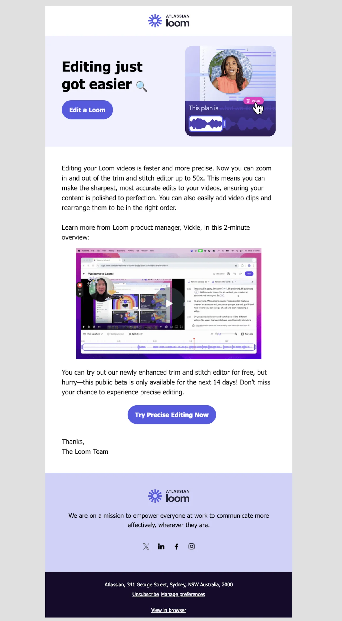 Product launch email example from Loom