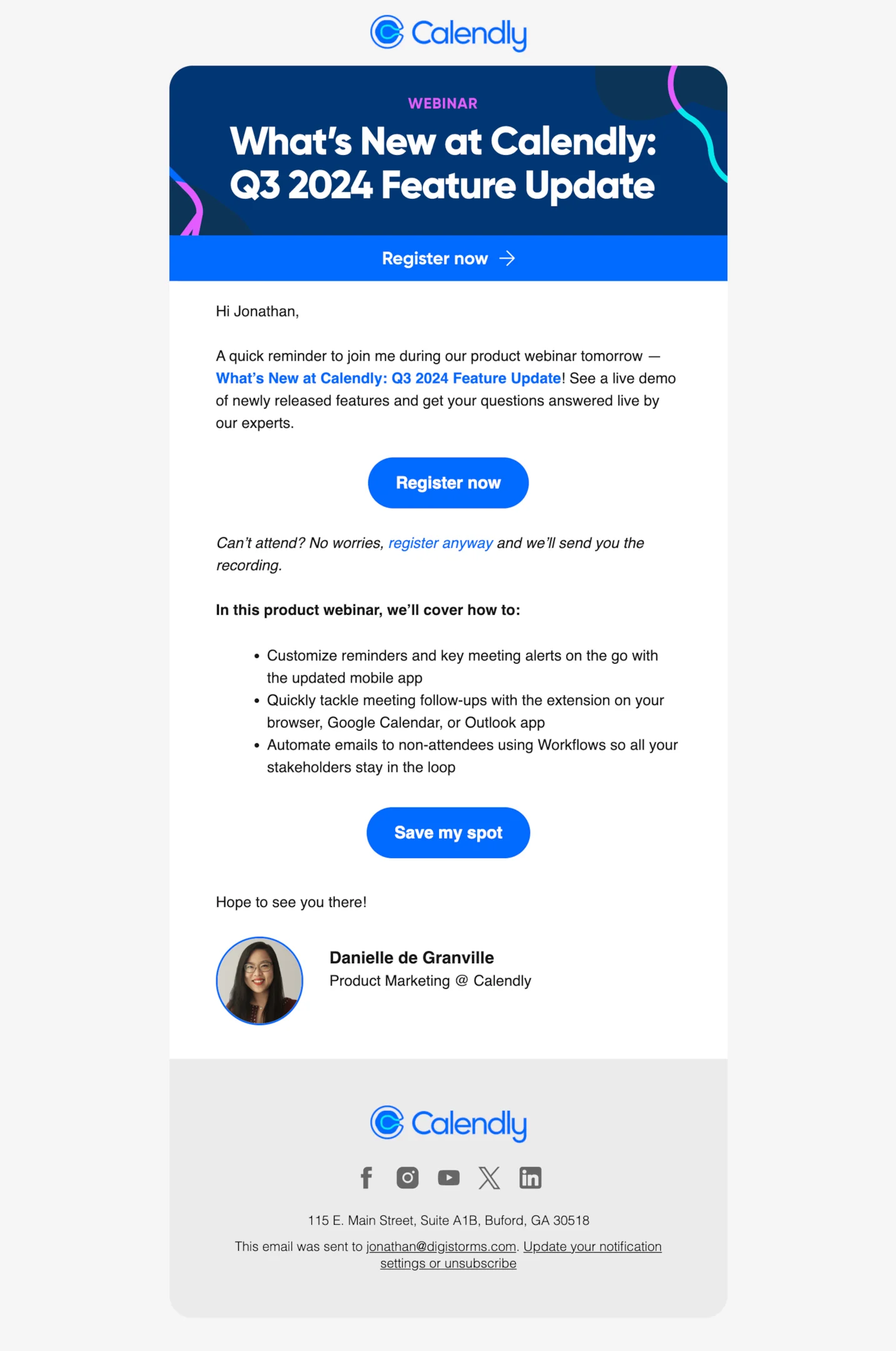 Product launch email example from Calendly