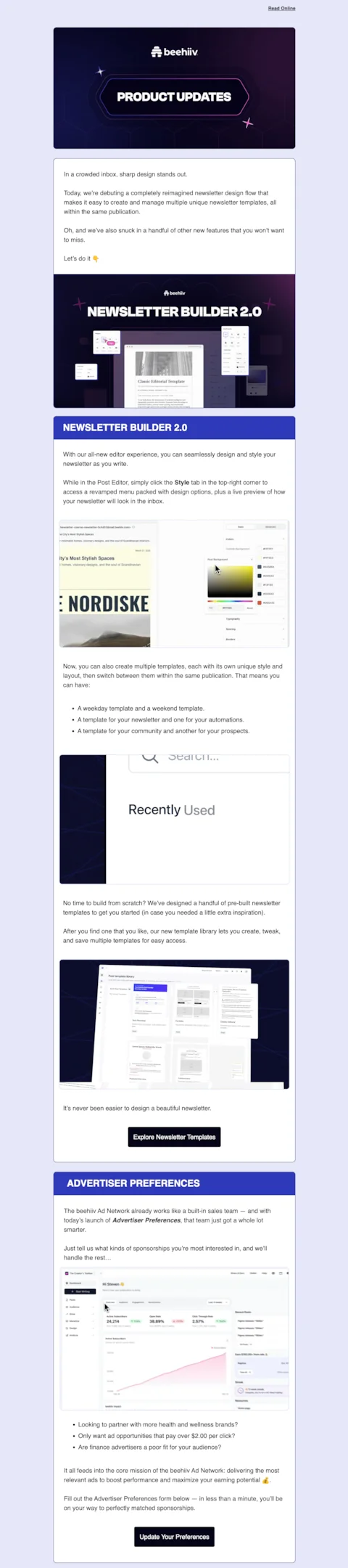 Product launch email example from Beehiiv