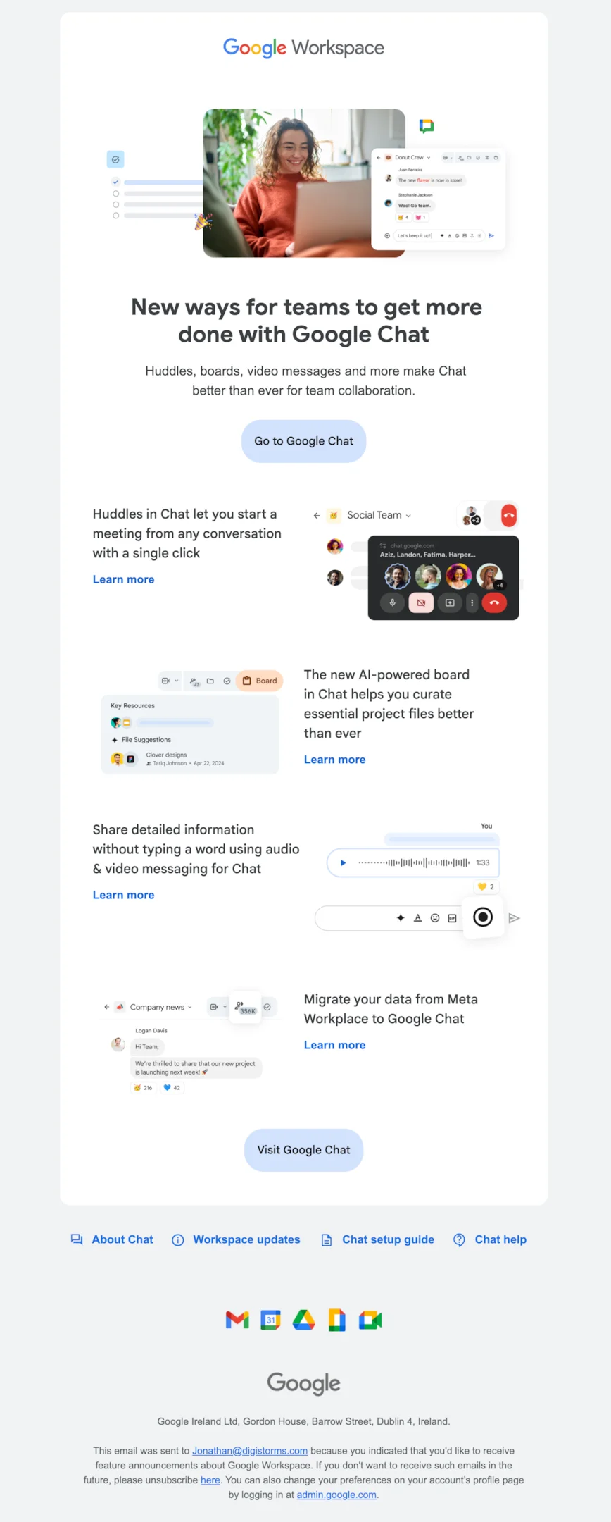 Product launch email example from Google Workspace