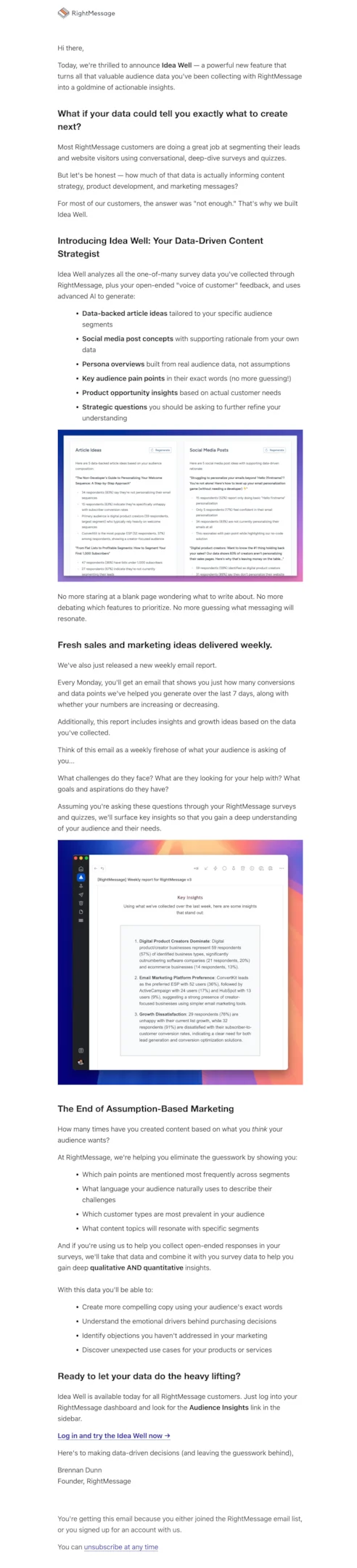 Product launch email example from Right Message