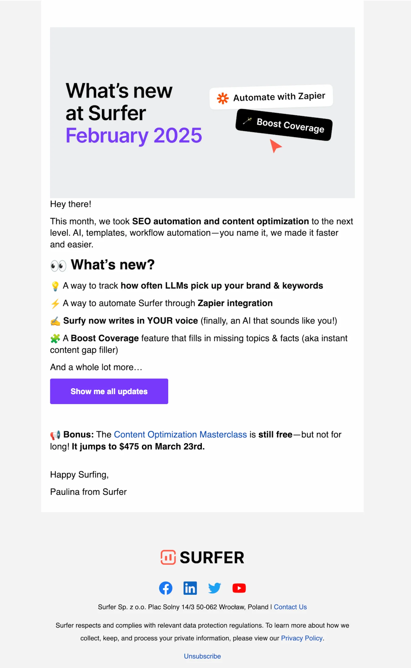 Product launch email example from Surfer SEO