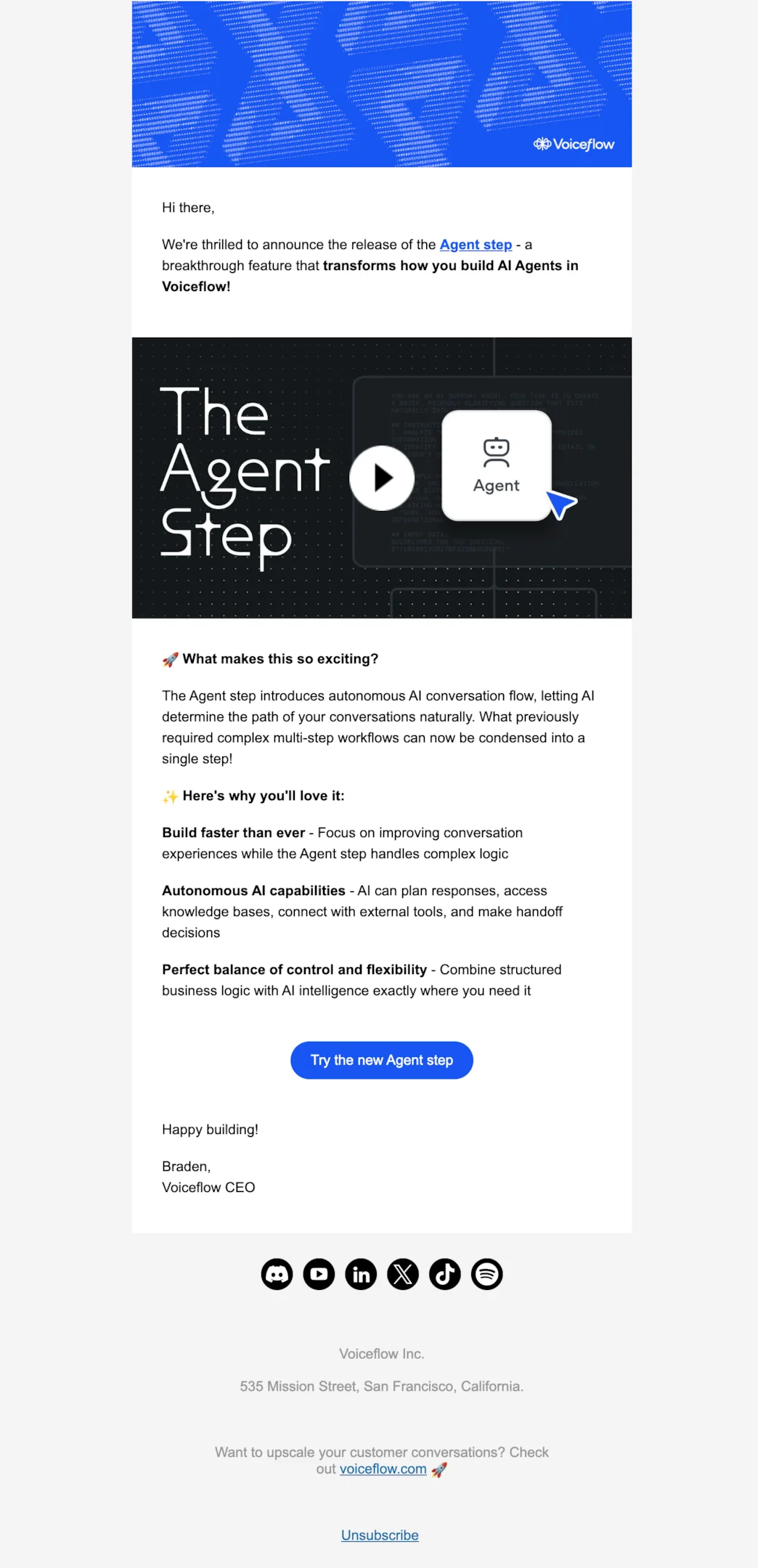 Product launch email example from Voiceflow