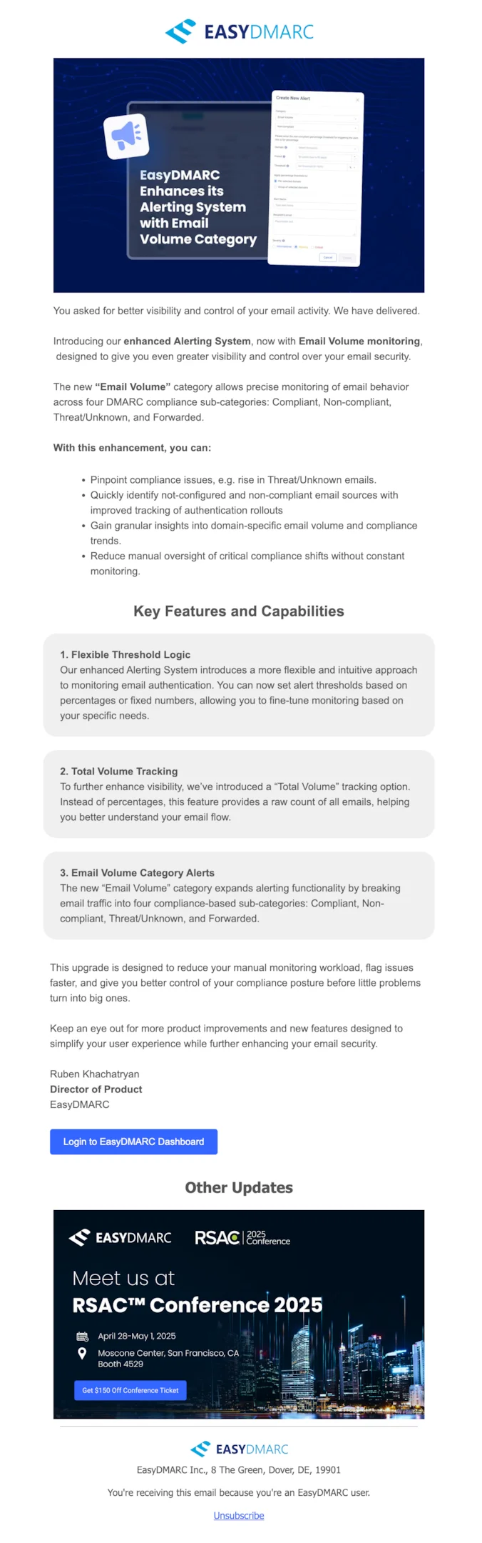 Product launch email example from Easy DMARC