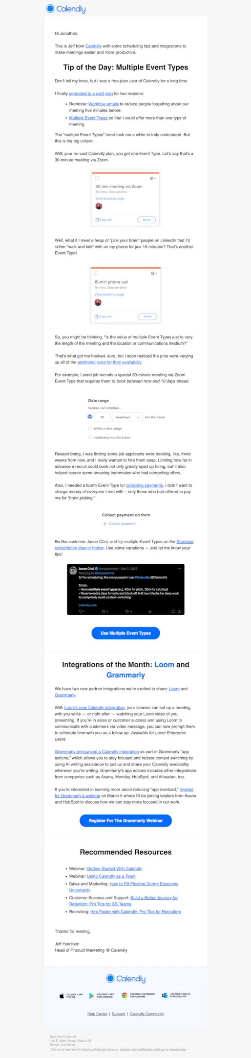 SaaS newsletter example from Calendly
