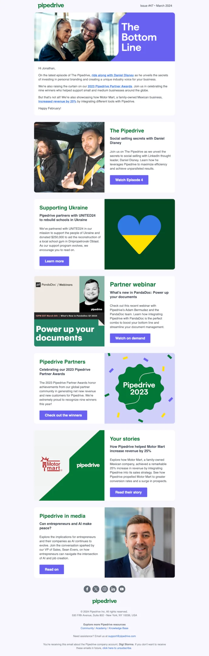 SaaS newsletter example from Pipedrive