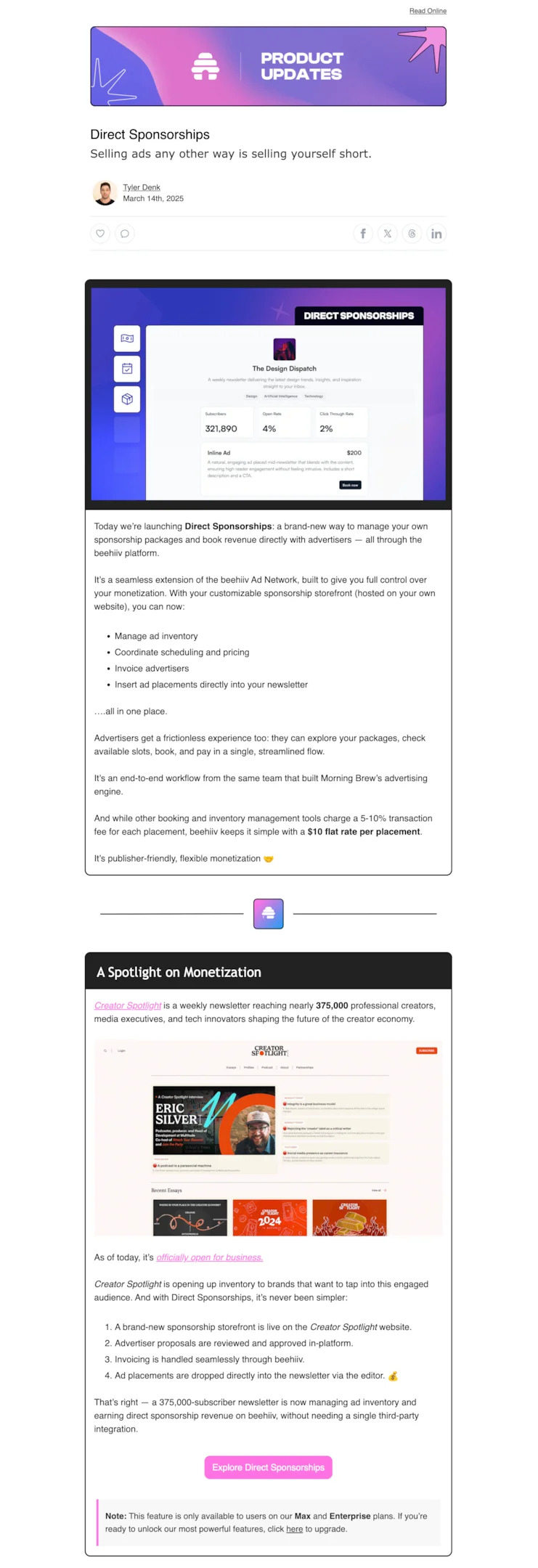 SaaS newsletter example from Beehiiv