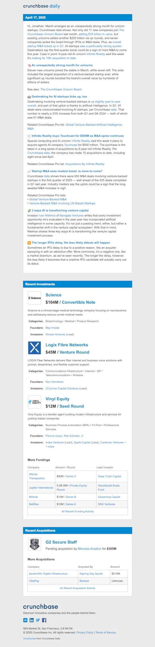 SaaS newsletter example from Crunchbase
