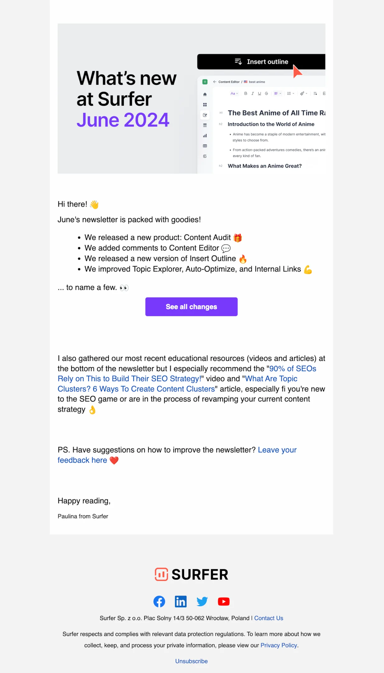 SaaS newsletter example from SurferSEO