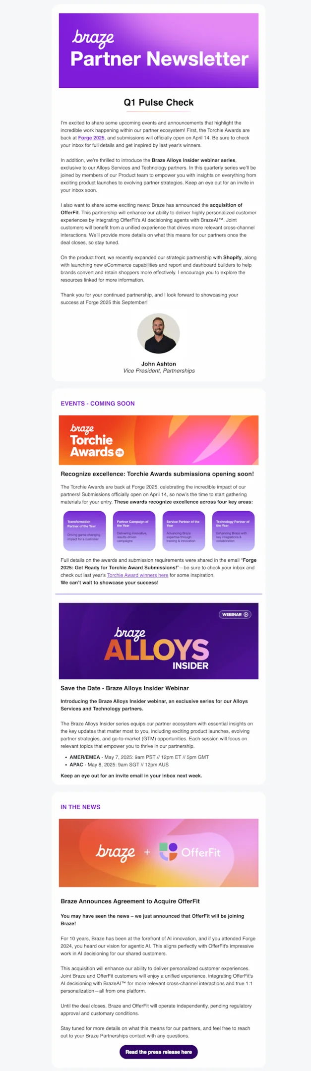 SaaS newsletter example from Braze