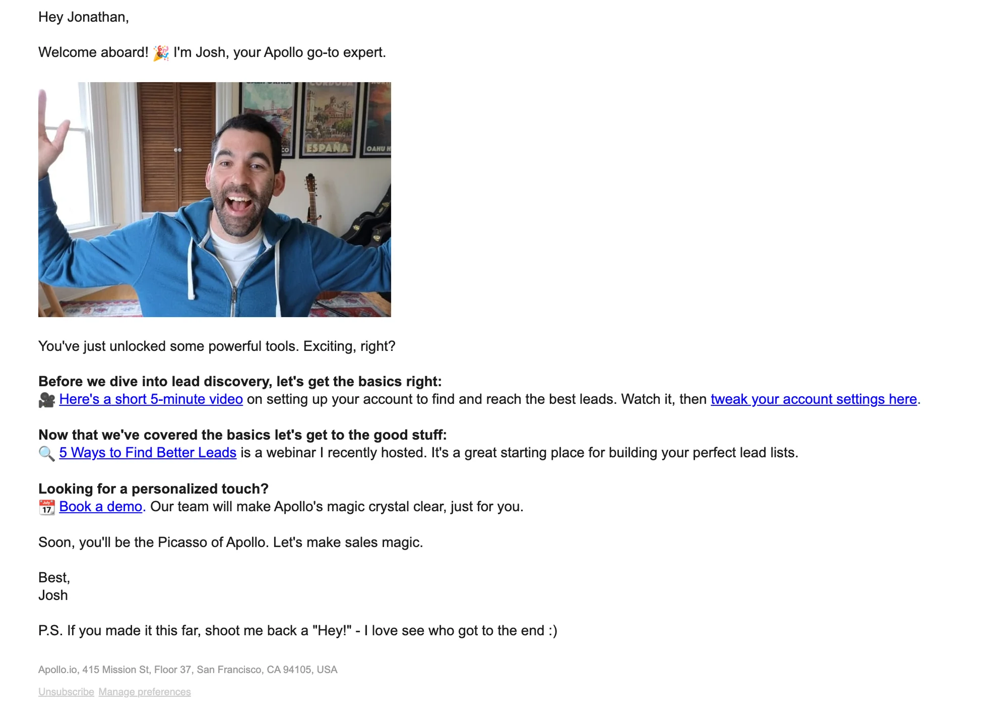 Welcome email example from Apollo