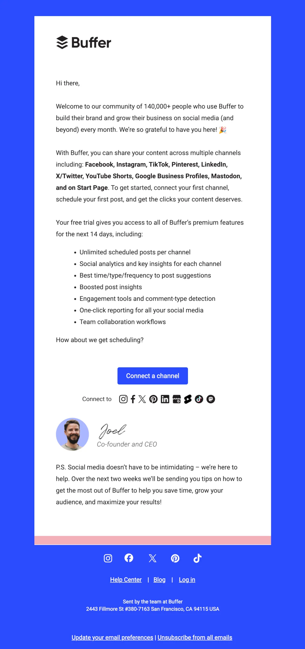 Welcome email example from Buffer