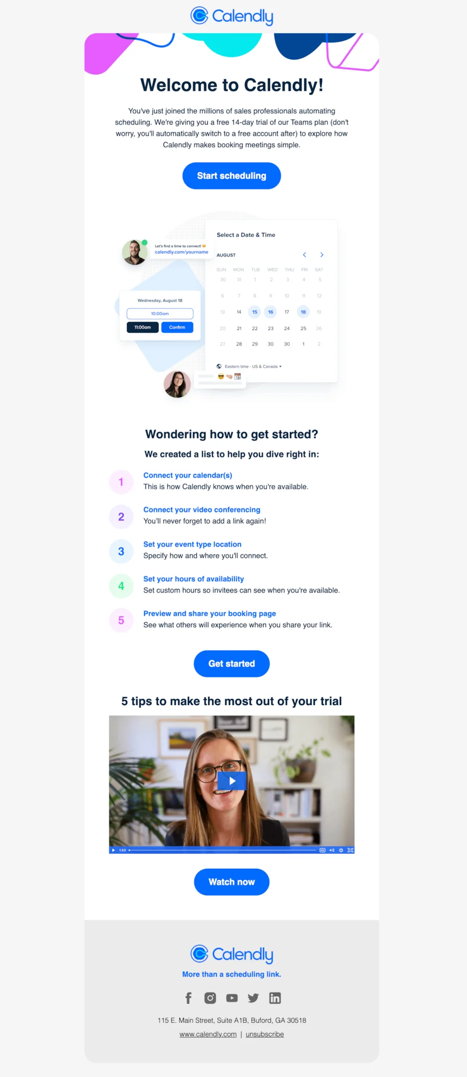 Welcome email example from Calendly