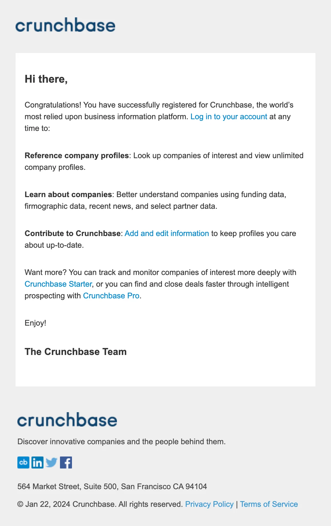 Welcome email example from Crunchbase