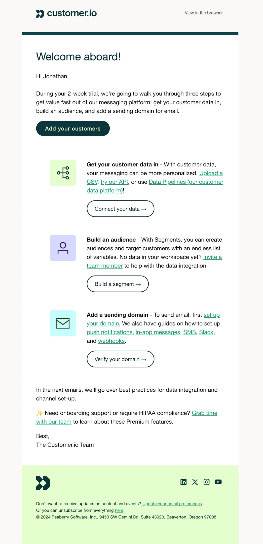 Welcome email example from Customer.io