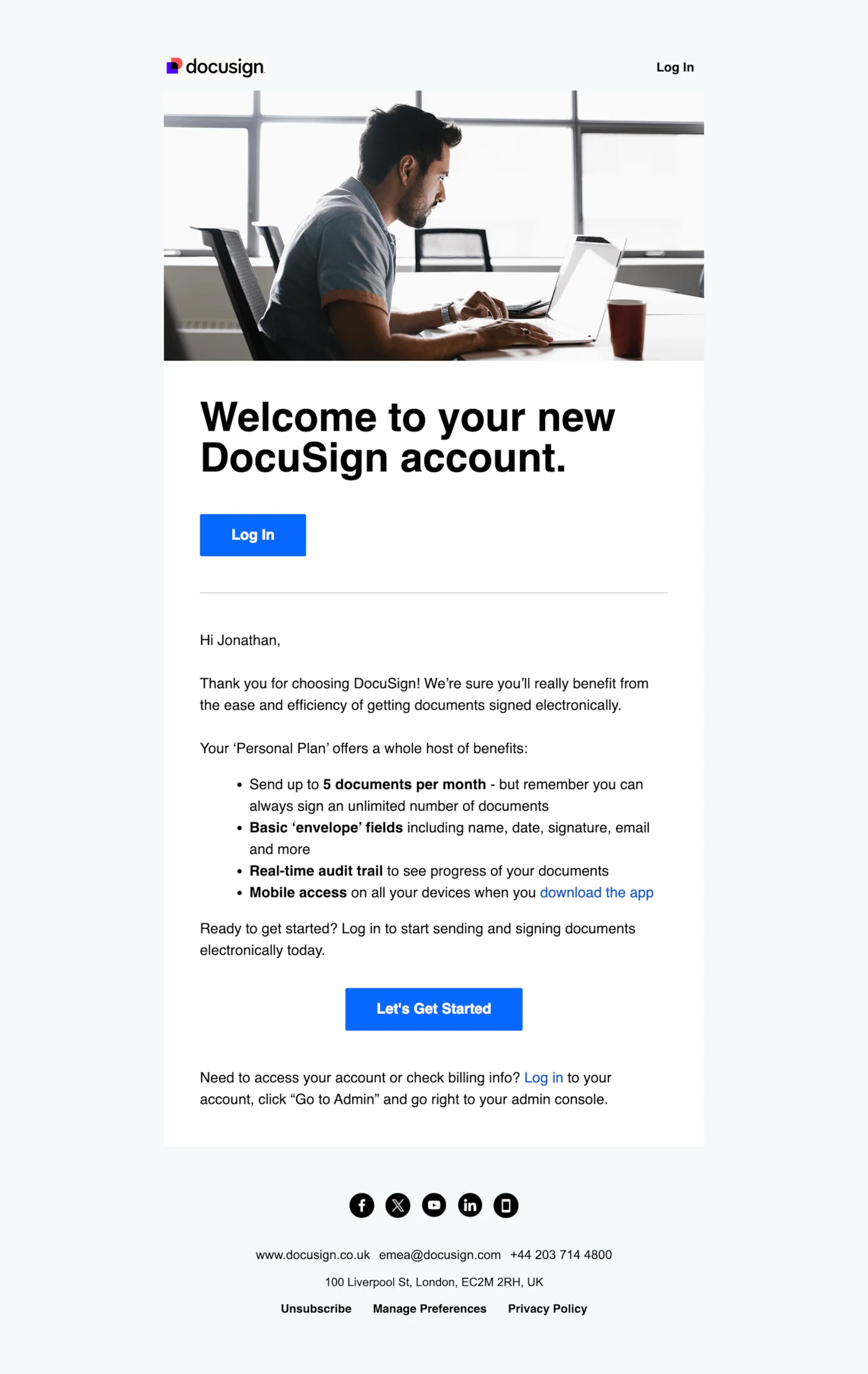 Welcome email example from Docusign