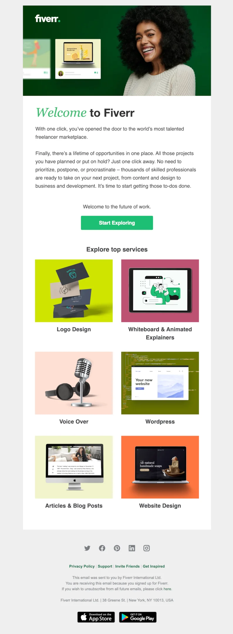 Welcome email example from Fiverr