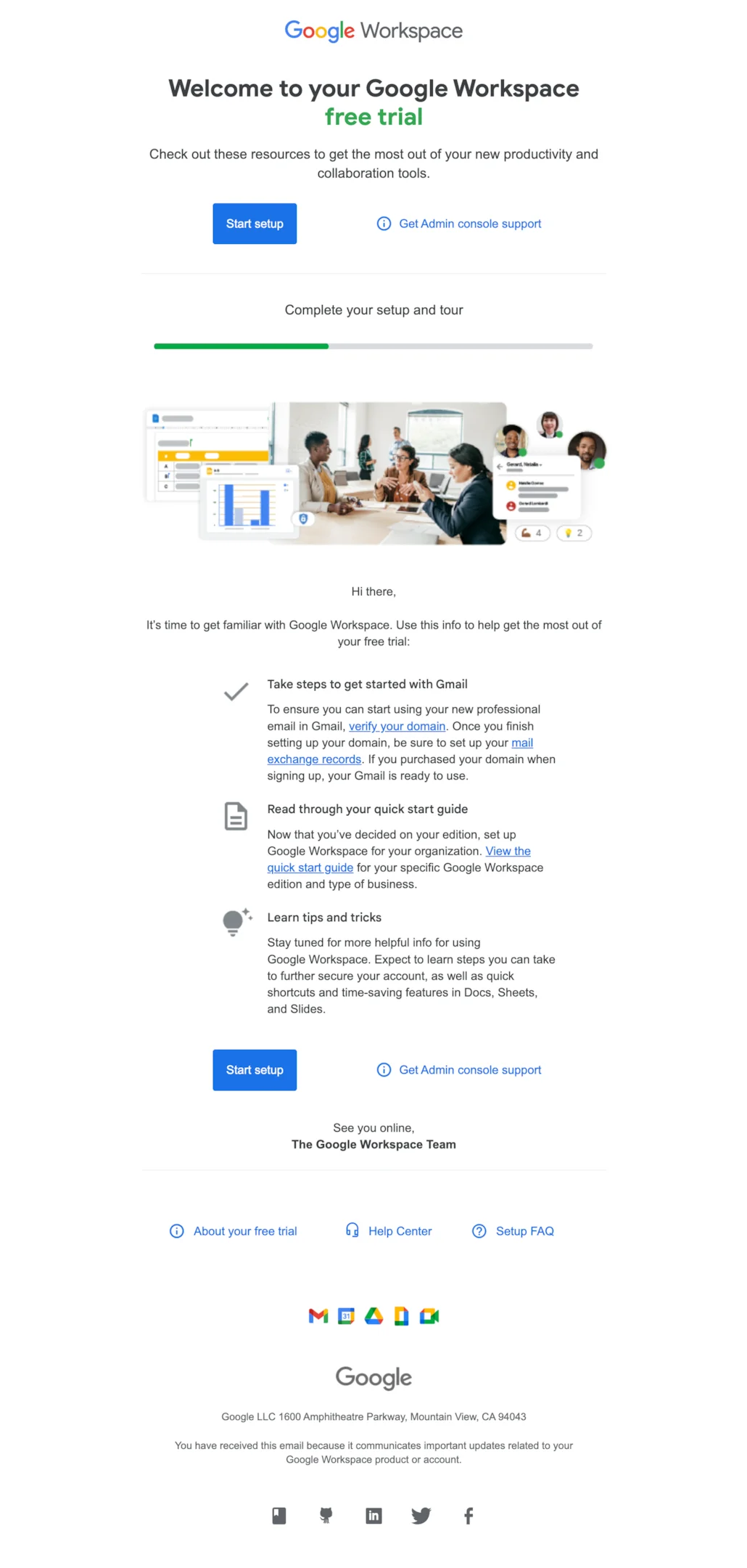 Welcome email example from Google Workspace