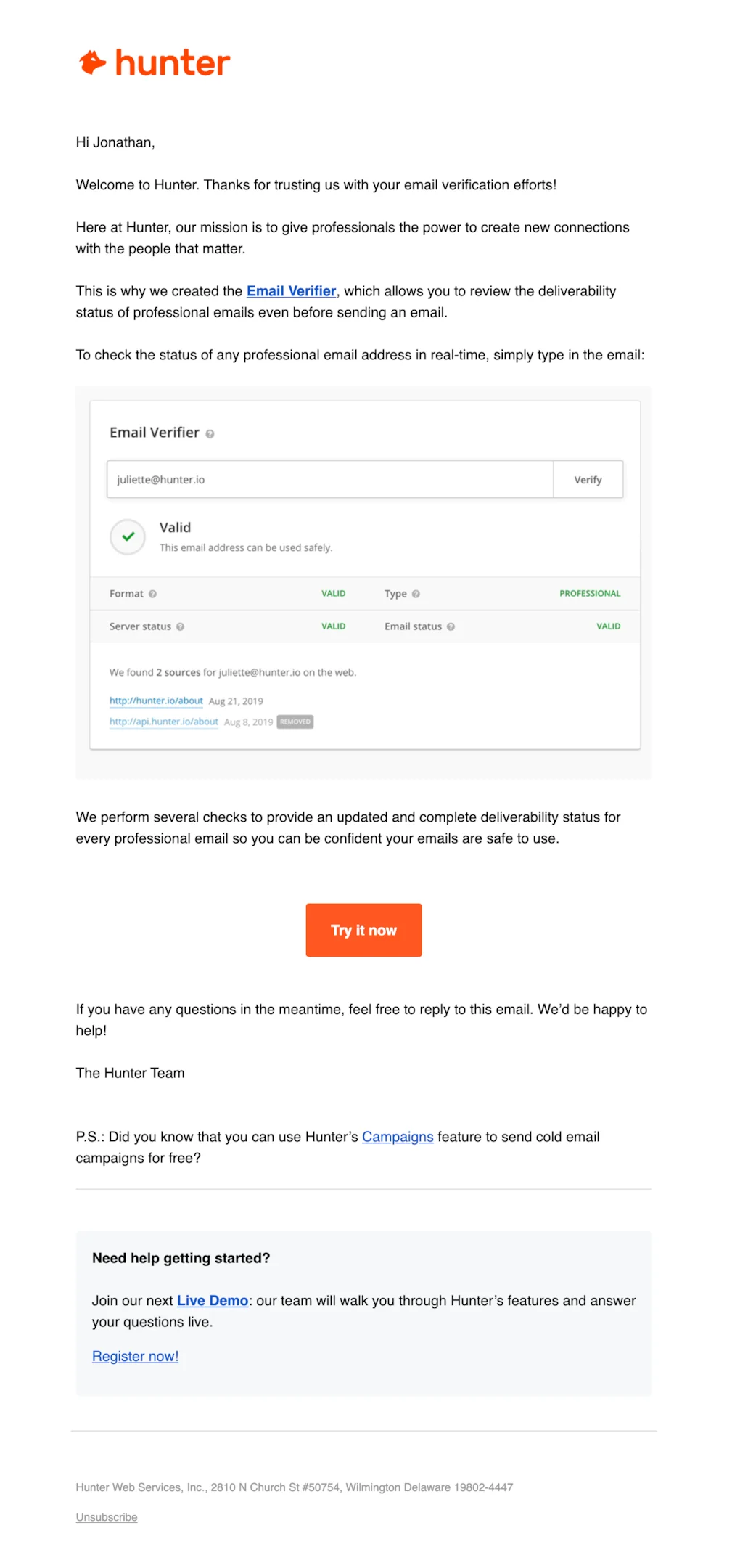 Welcome email example from Hunter