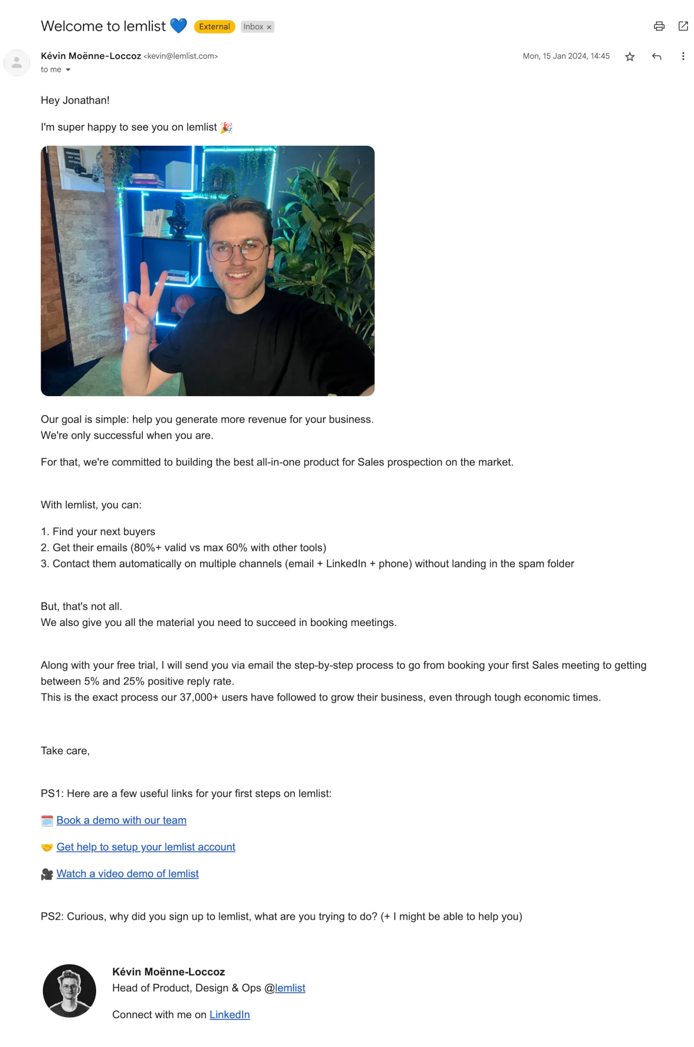 Welcome email example from Lemlist